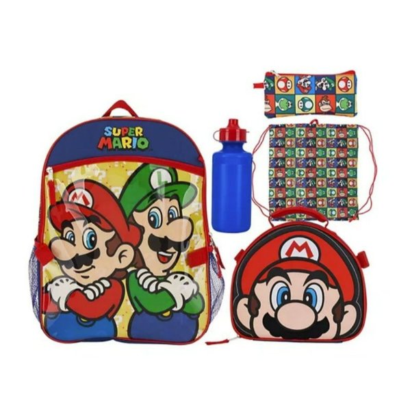Super Mario‎ Bros NEW 5 piece backpack lunch bag set - Picture 1 of 7